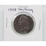 A 1758 George II silver shilling of high grade