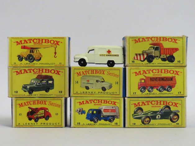 Eight boxed Lesney Matchbox Series diecast models nos. 11, 12, 13, 14, 15, 16, 17 & 19. Fault to box