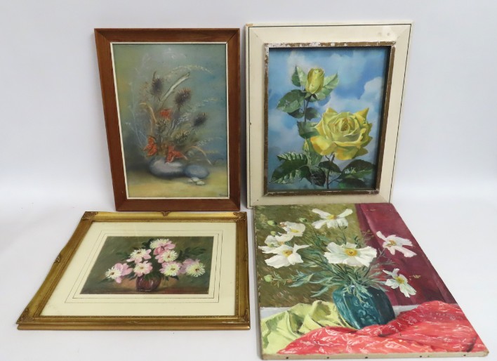 Three framed floral still life paintings & one unf