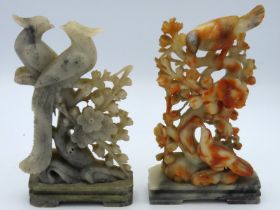 Two carved Chinese soapstone bird figure groups, 2