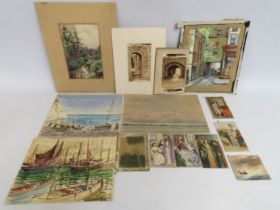 A selection of fourteen unframed paintings includi