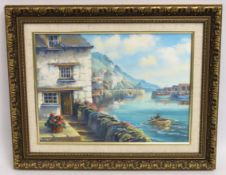 A framed oil on panel depicting harbour scene, pos