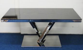 A glass topped table with polished alloy frame, 1600mm wide x 900mm deep x 750mm high