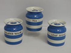 Three T. G. Greene Cornishware jars with covers, t