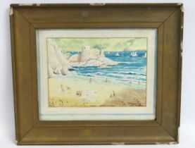 A framed watercolour of figurative beach scene, si