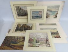 Six Ernest J. Stone unframed watercolours including 'The Beach' twinned with an E. L. Rawlins painti
