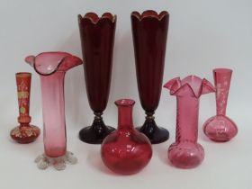 A quantity of cranberry glass & pair of ruby glass