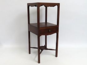 An Edwardian mahogany pot stand with shelf & drawer under, 790mm tall, top 330mm x 328mm