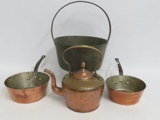 Two heavy gauge tin lined copper pans, a Victorian