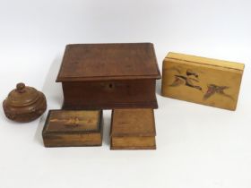 A 18th/19thC. oak box, base replaced, etched WW, twinned with a cigarette/cigar box (probably origin