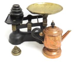 A set of kitchen scales with weights & a copper te