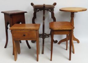 A carved fruit wood pot stand twinned with four other small tables, one with drawer, tallest 715mm &