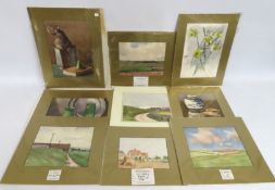 A collection of mounted watercolour works by Constance Bolding, including still life & landscape, la