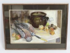 A framed pastel still life of pigeon & pot by Marg