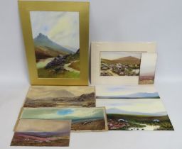 A selection of eight unframed moorland watercolour