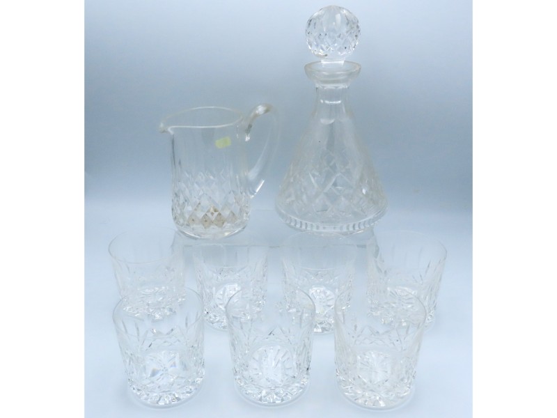 A Waterford cut glass crystal whisky set with six