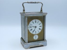 A French brass silver plated petite sonnerie chiming carriage clock with second hand, 135mm tall, ex