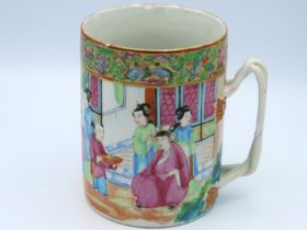 A 19thC. Chinese Cantonese polychrome famille rose porcelain tankard with crabstock handle, four ver