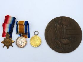 A WW1 three medal set & bronze death plaque awarde