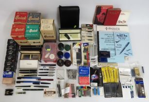 A large quantity of fountain pen & writing accessories including various colour large Quink inks, ni