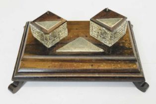 Edward VII silver mounted mahogany inkstand with a pair of cut glass inkwells