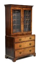 George I walnut and crossbanded cabinet on chest