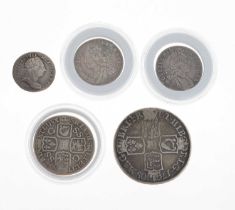 William III silver sixpence, Queen Anne half crown,and three Georgian coins