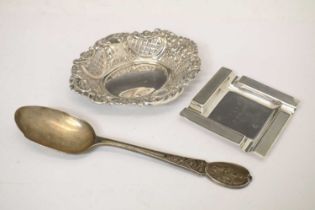 Elizabeth II silver dish, Art Deco style silver ashtray, and an Edward VII silver spoon