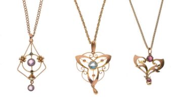 Three Art Nouveau stone set pendants