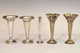 Two pairs of silver trumpet vases, and an Elizabeth II silver solifleur vase
