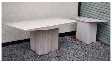 Late 20th century travertine dining/patio table and travertine side table en-suite