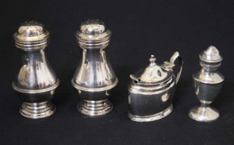 Pair of Elizabeth II silver pepperettes, George V silver mustard pot, etc
