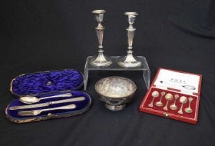 Victorian silver bowl, a pair of George V silver candlesticks, etc