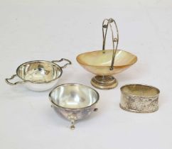 Elizabeth II silver tea strainer and stand, an Edward VII silver mounted Abalone basket, etc