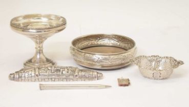 Elizabeth II silver wine coaster, silver pedestal bowl, Judaic small scroll holder, etc