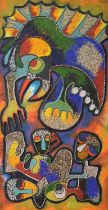 Chief Jimoh Buraimoh (Nigerian, b. 1943) - Figural abstract beadwork on panel