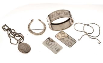 George VI silver horseshoe brooch, Sheffield 1946, ingots, etc