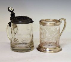 Victorian silver-mounted glass mug and a pewter-mounted lidded glass tankard