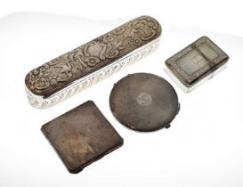Late Victorian silver hat pin box, Georgian rectangular snuff box with hinged lid, and two compacts
