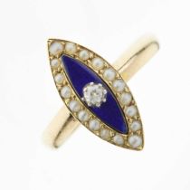 Victorian navette-shaped ring having blue enamel decoration