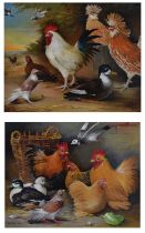 Pair of modern oils on canvas - Chickens in farmyard