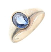 Silver signet ring set a facetted oval cut sapphire