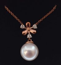 9ct rose gold, diamond and pearl 'snowflake' pendant with chain