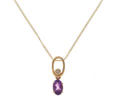 Yellow metal, amethyst and diamond pendant with chain