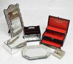 Large silvered easel mirror with moulded decoration, jewellery boxes, etc.