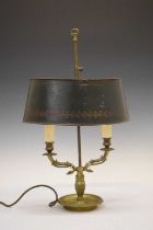 French two-light brass bouillotte lamp with adjustable painted toleware shade