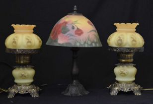 Pair of electric gilt metal and yellow glass table lamps and one other