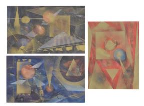 Twentieth century - Three mixed medias - Abstract astrological and geometric pieces