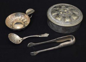 White metal tongs, silverplated sugar sifter spoon, etc
