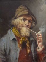 Continental School, circa 1900 - Oil on panel - Portrait of an elderly bearded man smoking a pipe